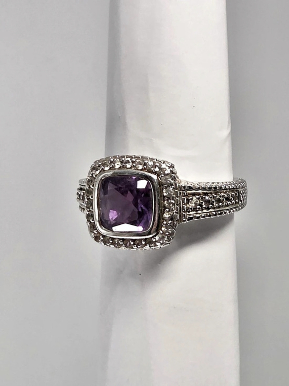 Judith Ripka Sterling Silver Amethyst CZ Cushion Halo Ring Purple Cushion-Cut